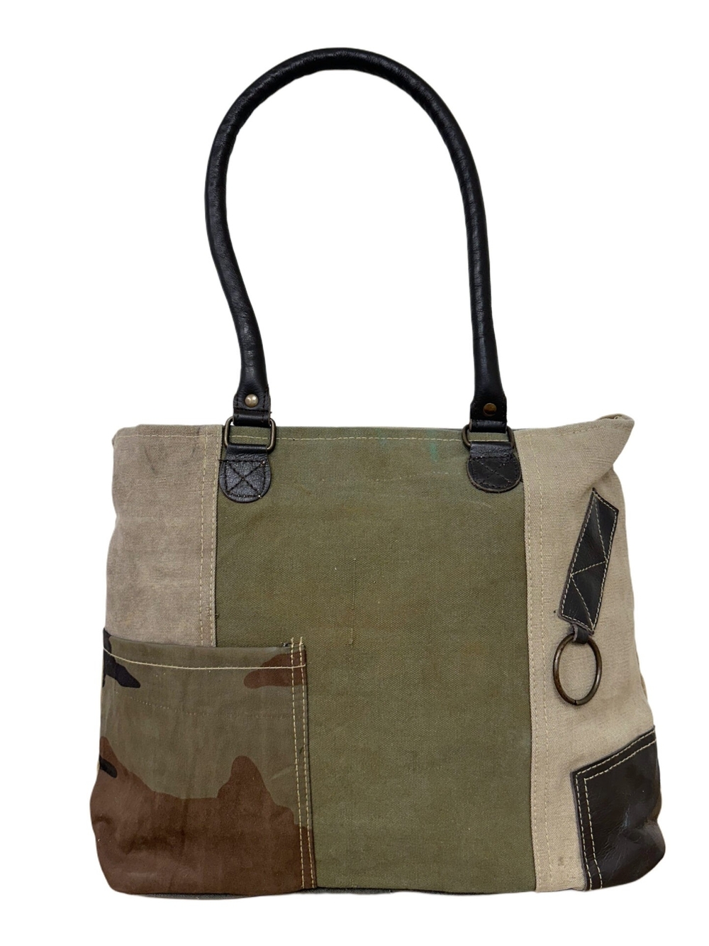 NWT Vintage Addiction Recycled Tent Tote with Camouflage and Leather  (0066)